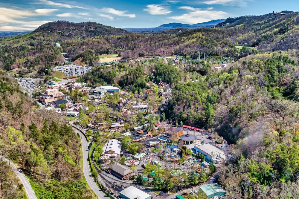 Aerial view of Dollywood theme park, Pigeon Forge TN