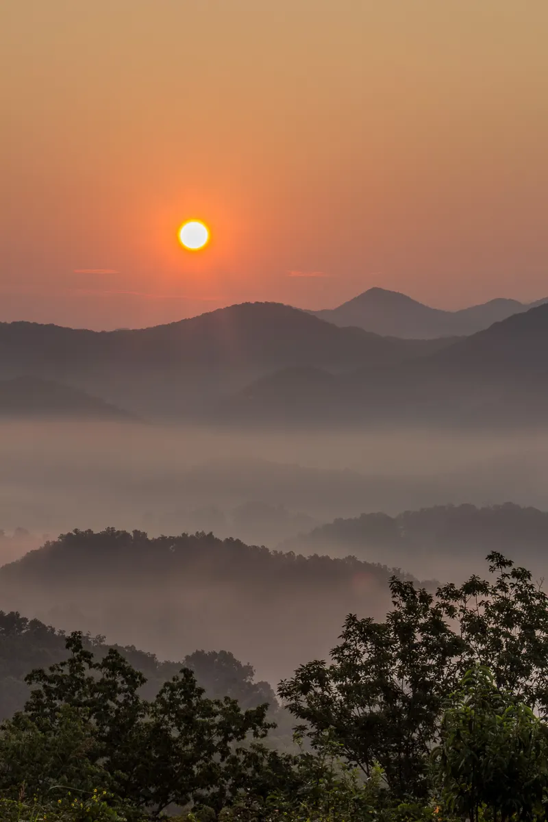 Warm sunrise over the Smoky Mountain foothills near Sevierville TN
