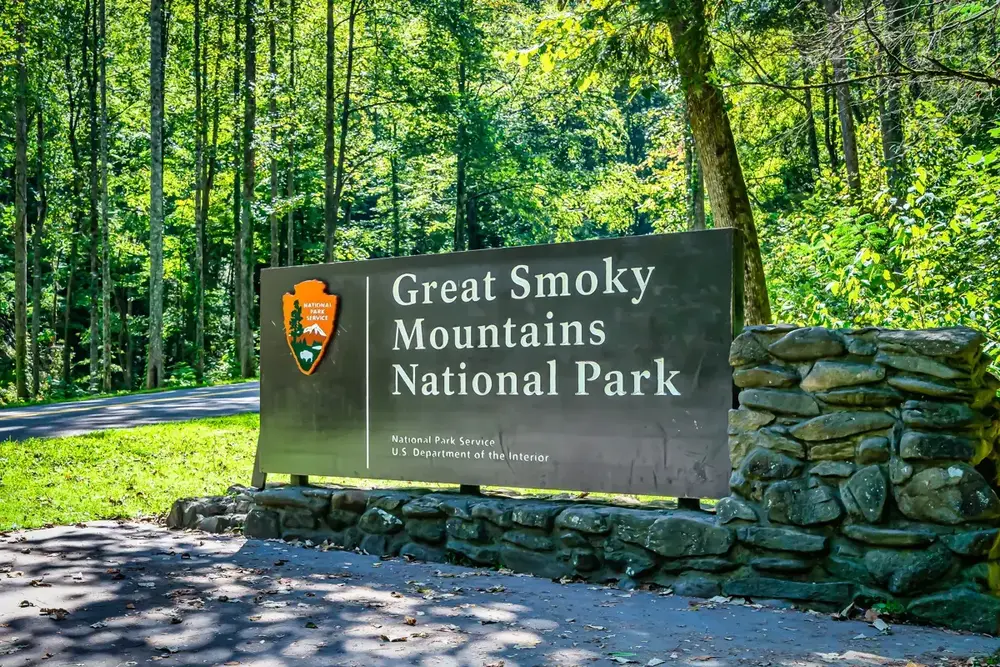 Great Smoky Mountains National Park entrance sign near Gatlinburg TN