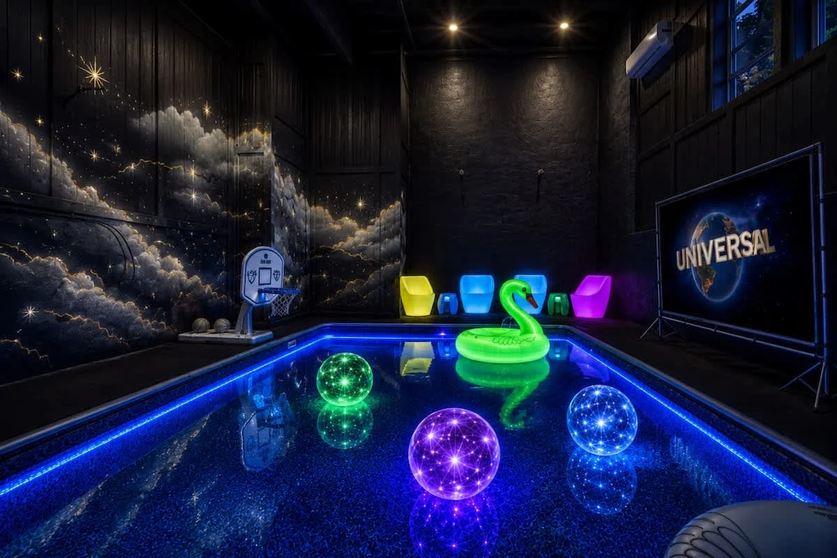 Indoor pool at Big Star Lodge lit blue at night with a poolside movie screen