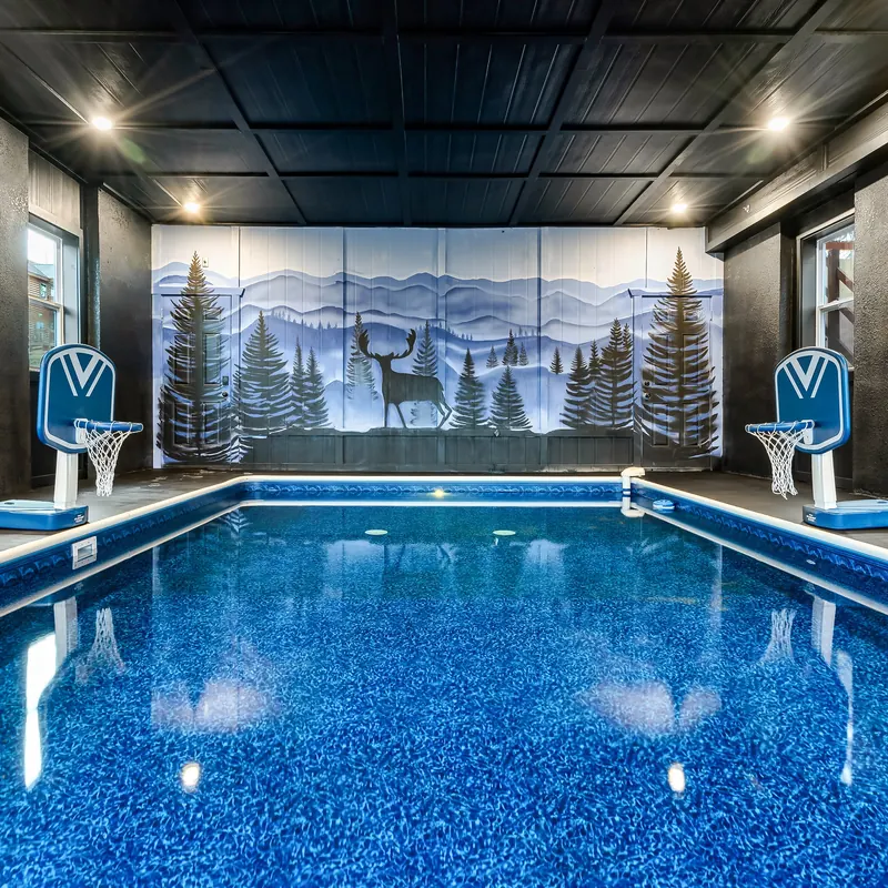 Indoor pool with a painted forest mural