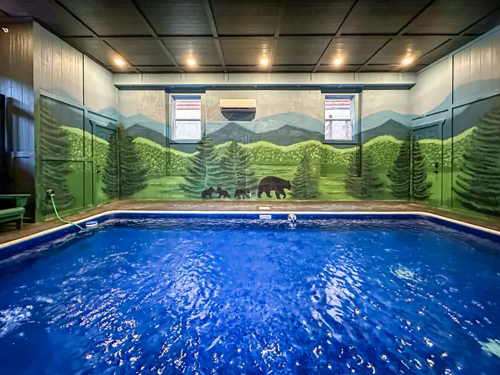 Indoor pool with a painted forest mural