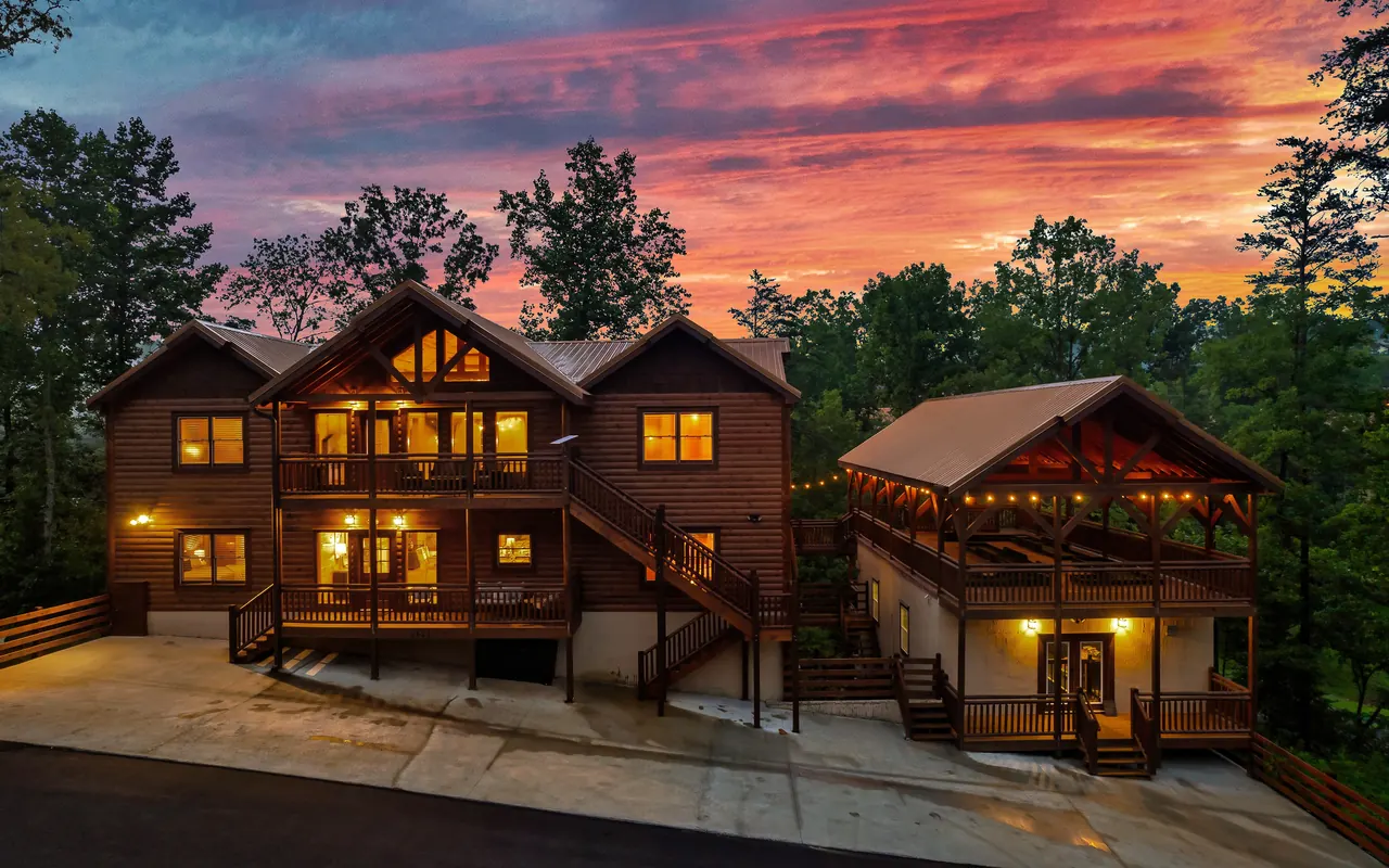 Mighty Frog Lodge and its covered pavilion at sunset