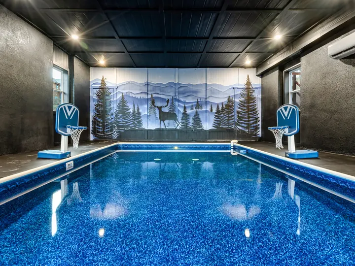 Indoor pool with a painted forest mural