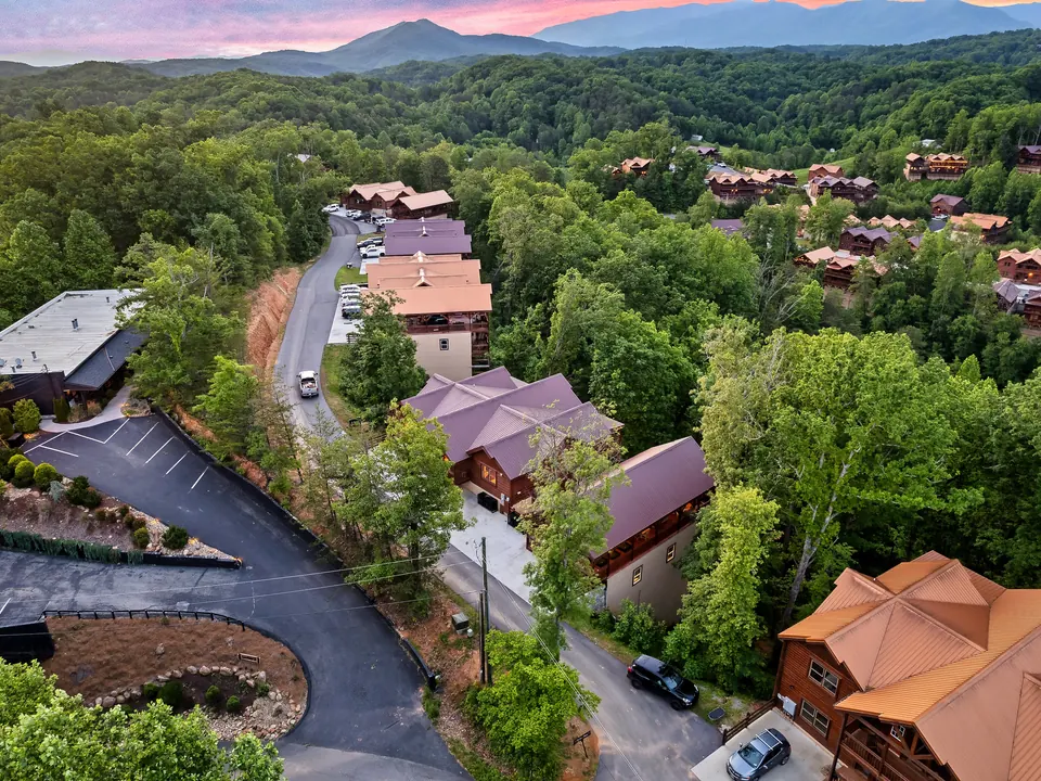 Aerial view of cabins on a wooded hillside at dusk